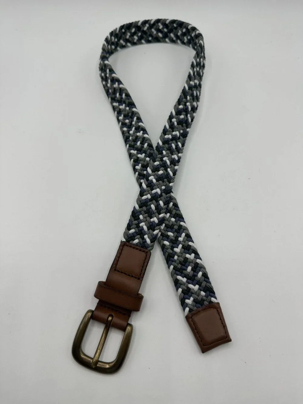 Janie and Jack Boys' Woven Belt Gray, Blue, and White Leather Tips Size 6-8